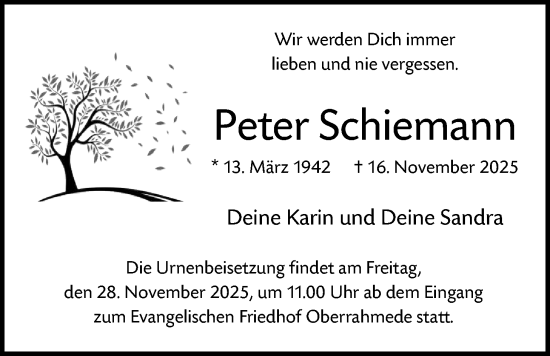 Traueranzeige von Peter Schiemann von HALN