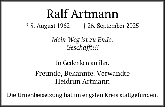 Traueranzeige von Ralf Artmann von HAWA