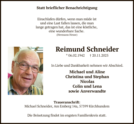 Traueranzeige von Reimund Schneider von HASK