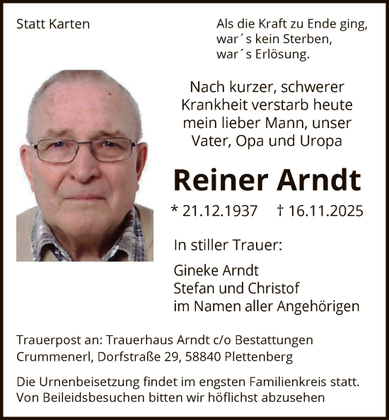 Traueranzeige von Reiner Arndt von HALN