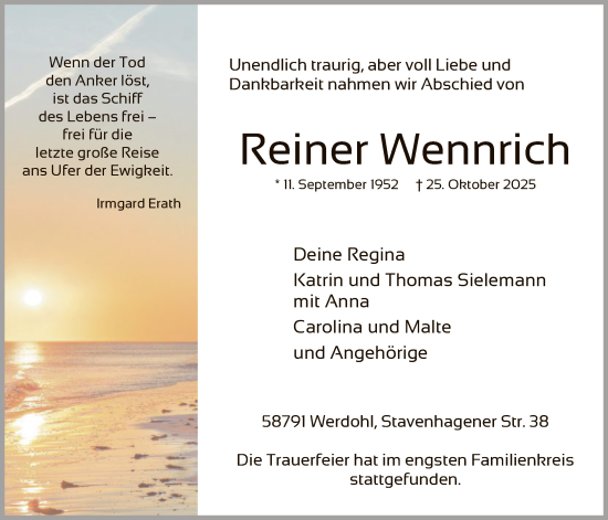 Traueranzeige von Reiner Wennrich von HALN