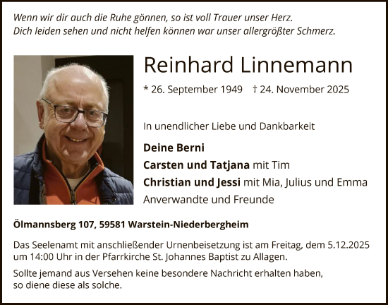 Traueranzeige von Reinhard Linnemann von HASO