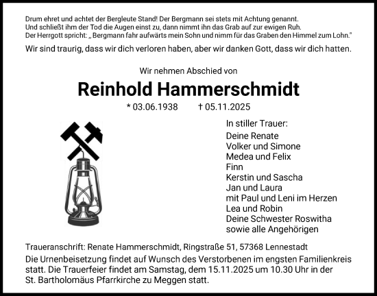 Traueranzeige von Reinhold Hammerschmidt von HASK