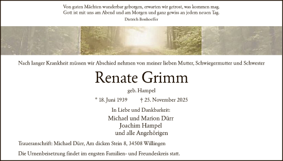 Traueranzeige von Renate Grimm von HASK