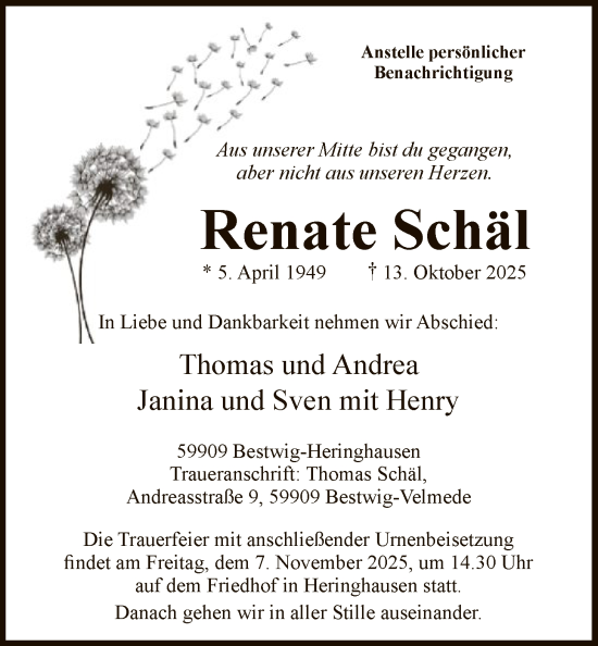 Traueranzeige von Renate Schäl von HASK
