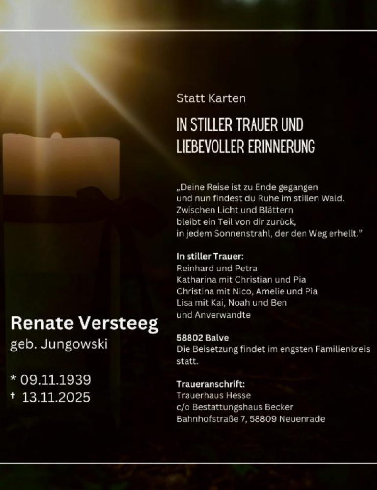 Traueranzeige für Renate Versteeg vom 22.11.2025 aus HALN