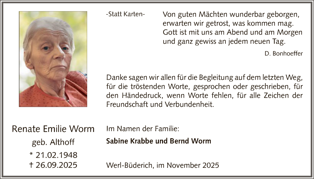  Traueranzeige für Renate Emilie Worm vom 22.11.2025 aus HASO