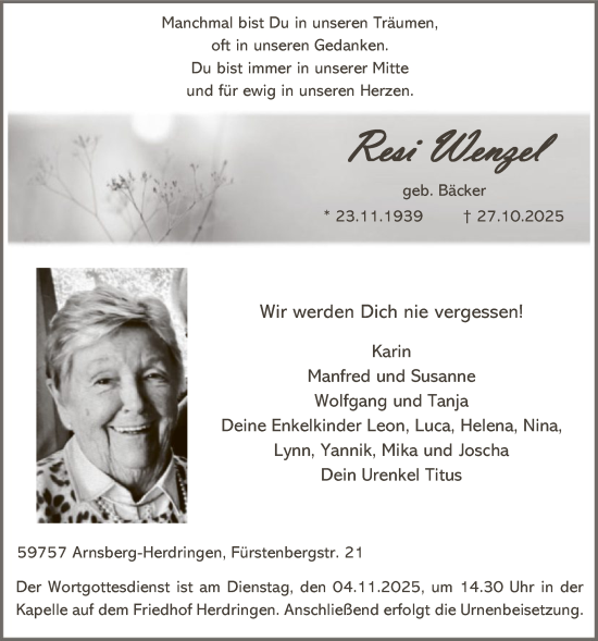 Traueranzeige von Resi Wenzel von HASK