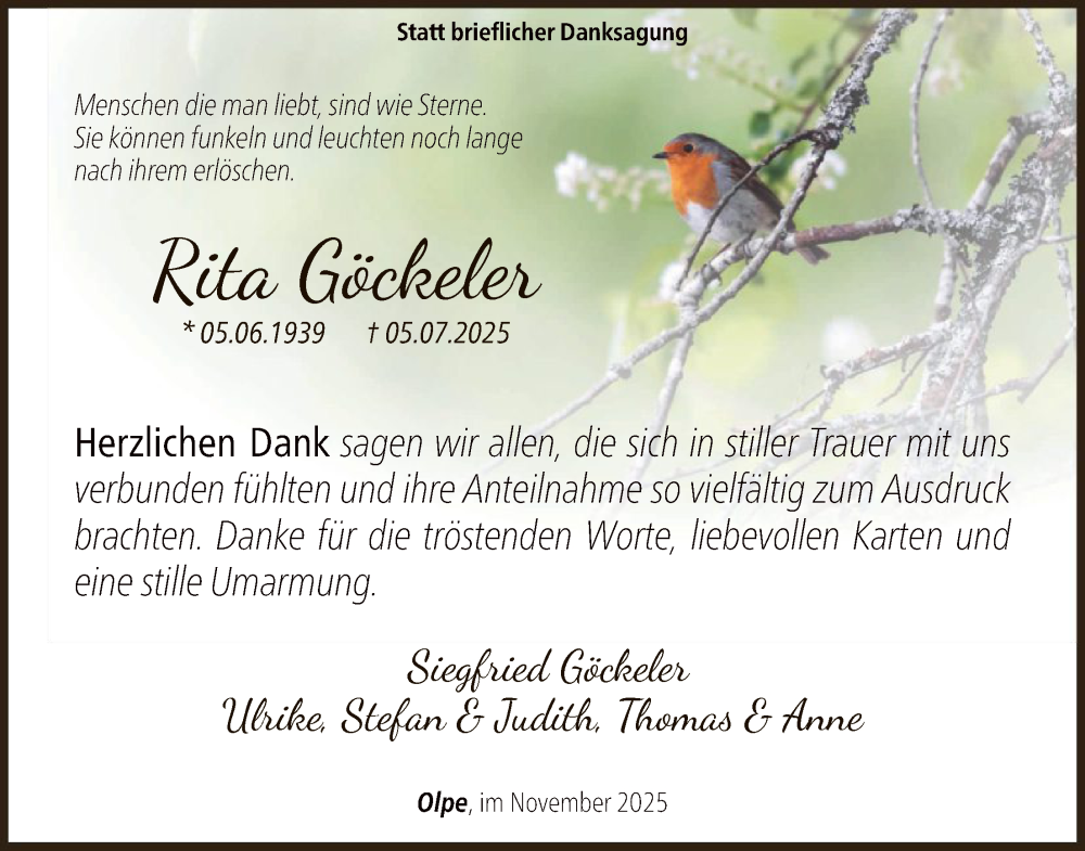  Traueranzeige für Rita Göckeler vom 29.11.2025 aus HASK