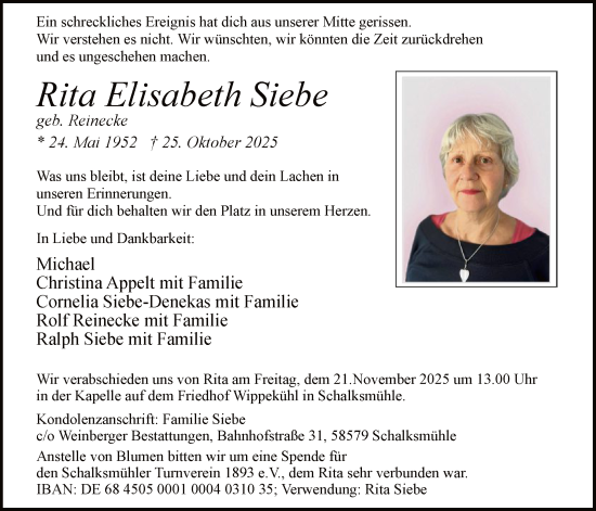 Traueranzeige von Rita Elisabeth Siebe von HALN