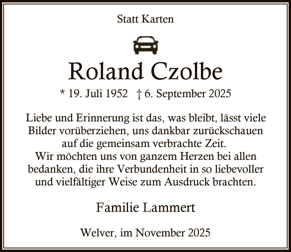  Traueranzeige für Roland Czolbe vom 22.11.2025 aus HASO