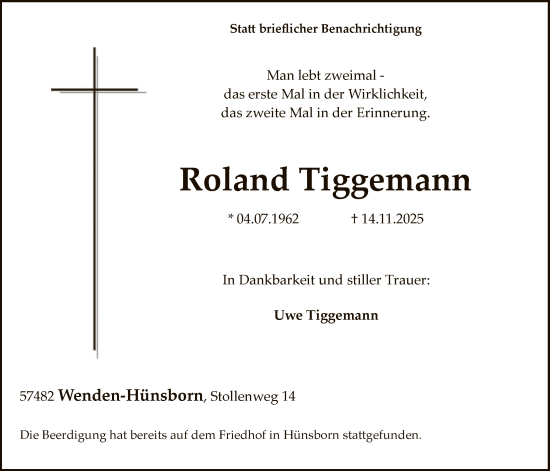 Traueranzeige von Roland Tiggemann von HASK