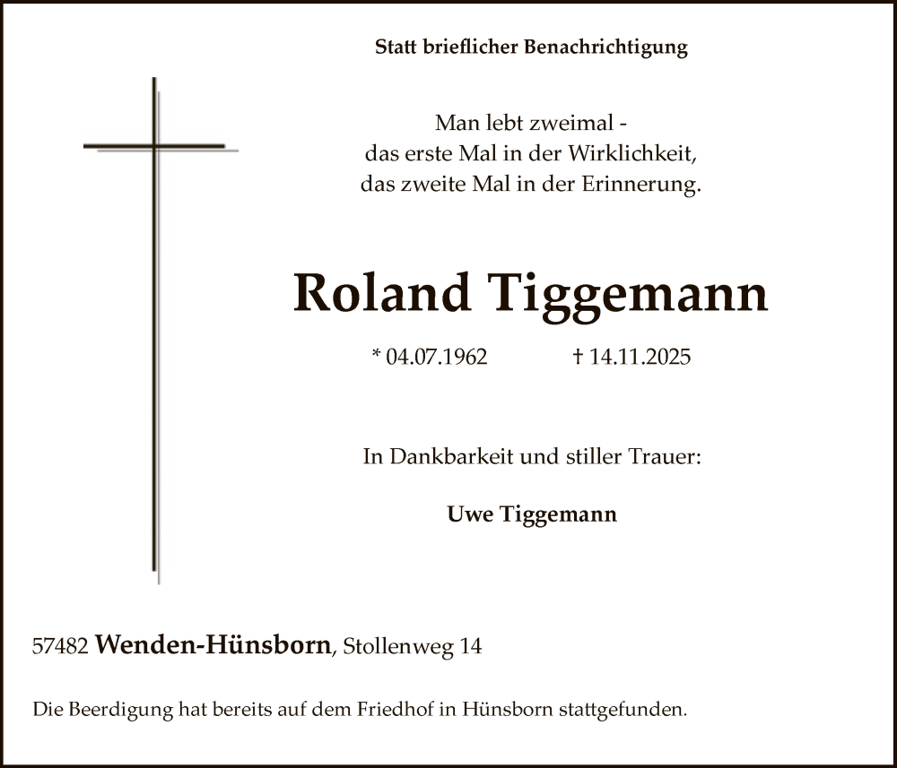  Traueranzeige für Roland Tiggemann vom 22.11.2025 aus HASK