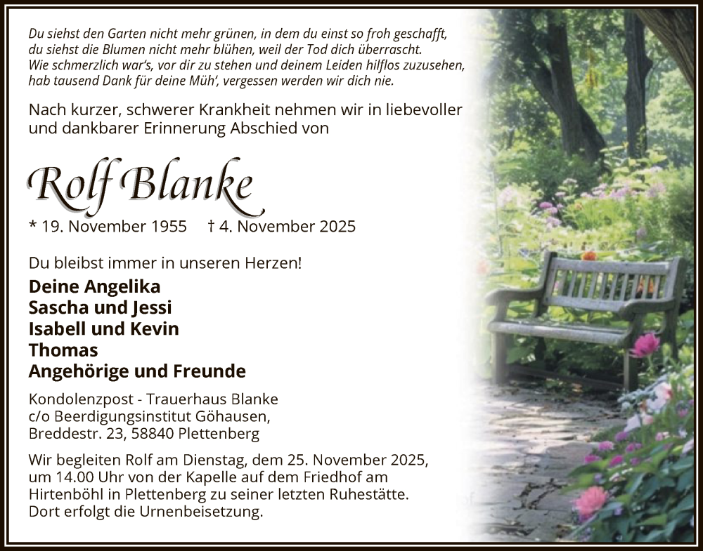  Traueranzeige für Rolf Blanke vom 12.11.2025 aus HALN