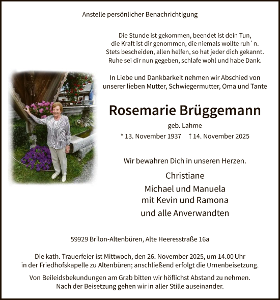 Traueranzeige von Rosemarie Brüggemann von HASK