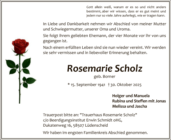 Traueranzeige von Rosemarie Scholz von HALN