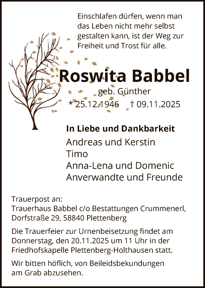  Traueranzeige für Roswitha Babbel vom 13.11.2025 aus HALN