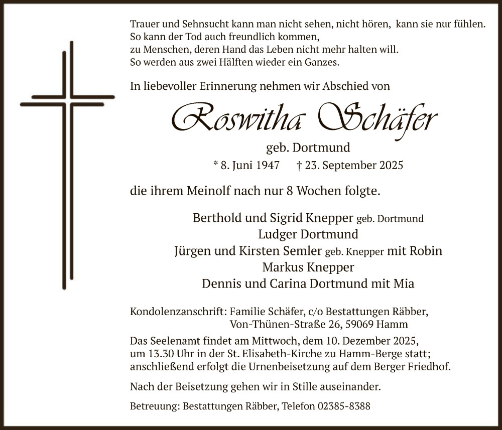  Traueranzeige für Roswitha Schäfer vom 29.11.2025 aus HAWA