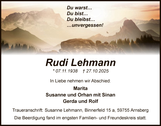 Traueranzeige von Rudi Lehmann von HASK