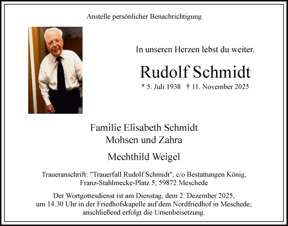  Traueranzeige für Rudolf Schmidt vom 22.11.2025 aus HASK