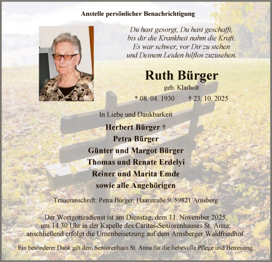 Traueranzeige von Ruth Bürger von HASK