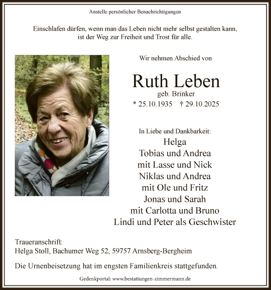 Traueranzeige von Ruth Leben von HASK