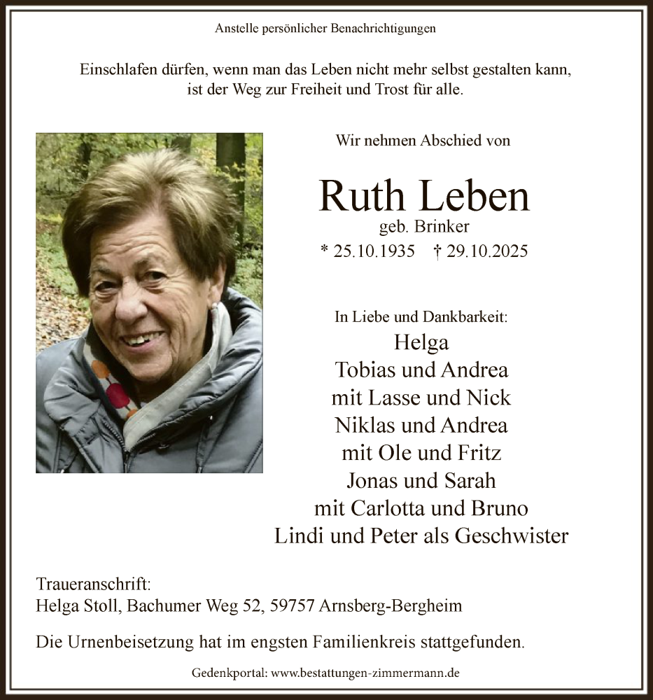  Traueranzeige für Ruth Leben vom 22.11.2025 aus HASK
