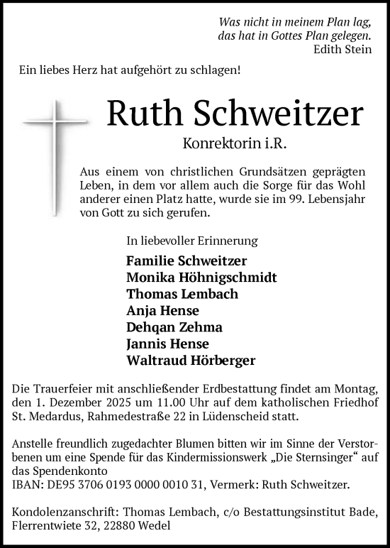 Traueranzeige von Ruth Schweitzer von HASK