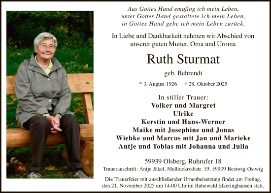 Traueranzeige von Ruth Sturmat von HASK