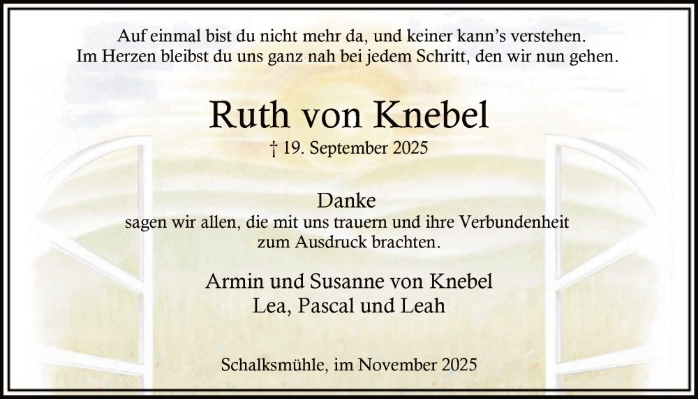  Traueranzeige für Ruth von Knebel vom 22.11.2025 aus HALN