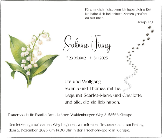 Traueranzeige von Sabine Jung von HALN