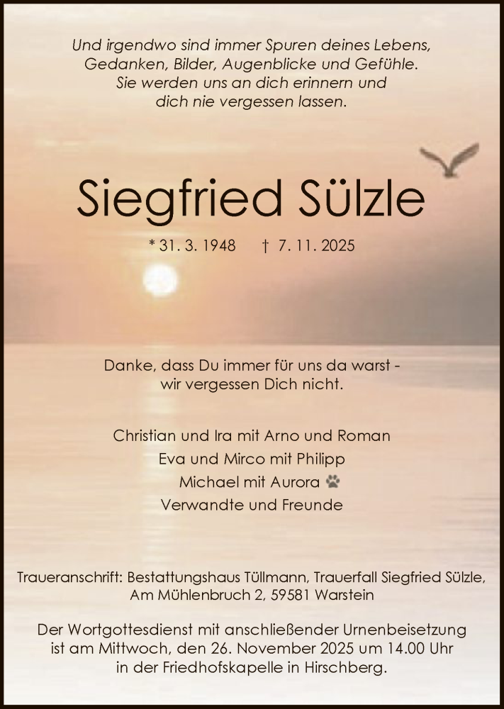  Traueranzeige für Siegfried Sülzle vom 19.11.2025 aus HASO