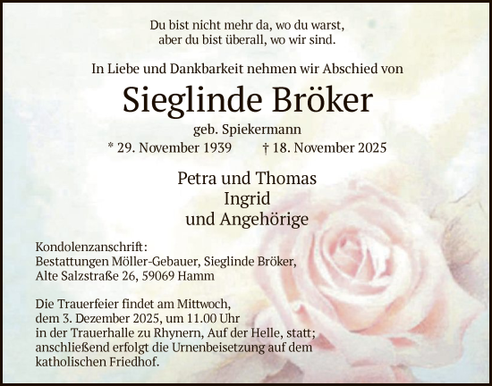 Traueranzeige von Sieglinde Bröker von HAWA