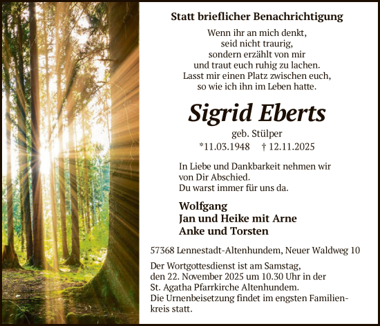 Traueranzeige von Sigrid Eberts von HASK