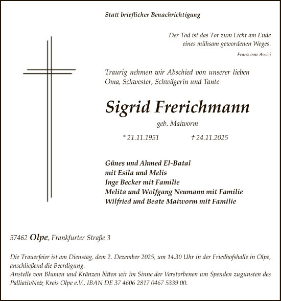 Traueranzeige von Sigrid Frerichmann von HASK