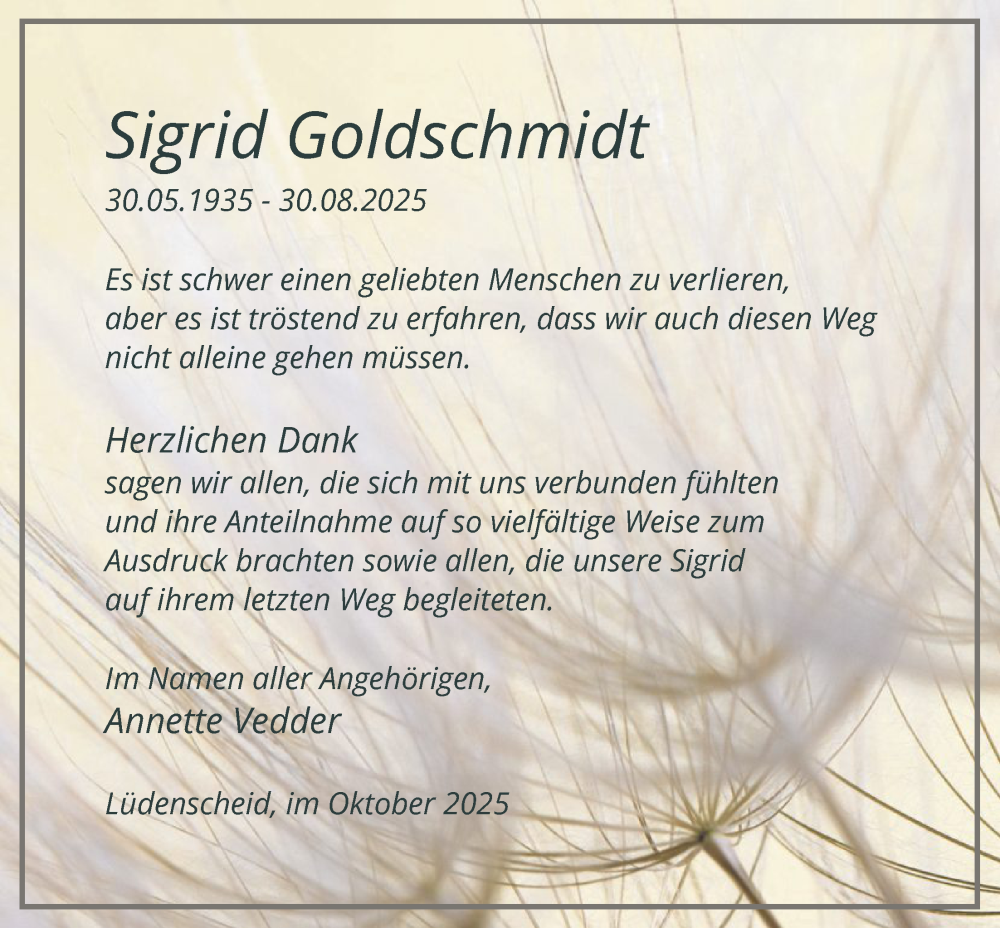  Traueranzeige für Sigrid Goldschmidt vom 31.10.2025 aus HALN
