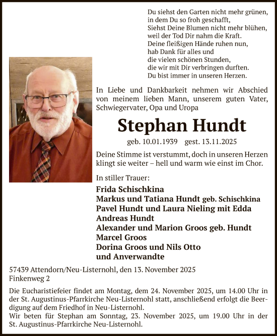 Traueranzeige von Stephan Hundt von HASK