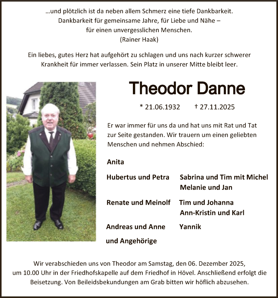  Traueranzeige für Theodor Danne vom 29.11.2025 aus HASK