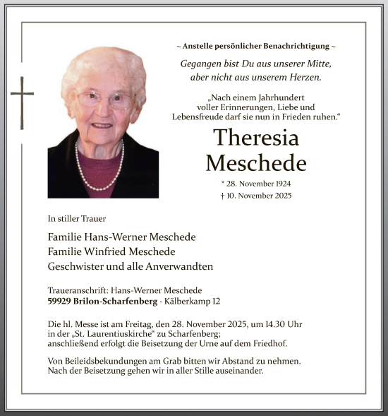 Traueranzeige von Theresia Meschede von HASK
