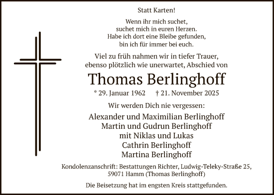 Traueranzeige von Thomas Berlinghoff von HAWA