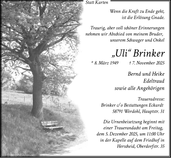 Traueranzeige von Uli Brinker von HALN