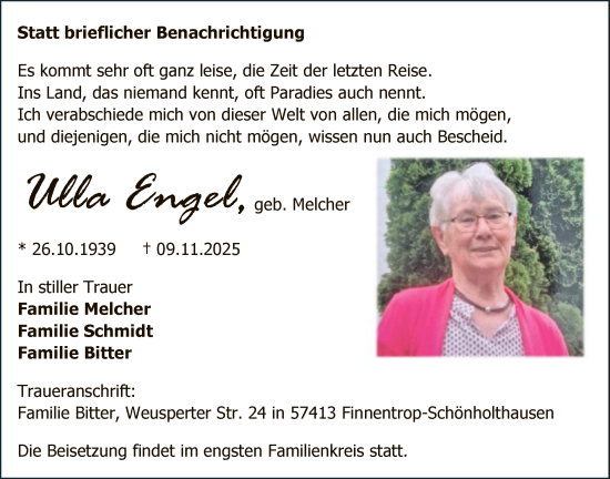 Traueranzeige von Ulla Engel von HASK