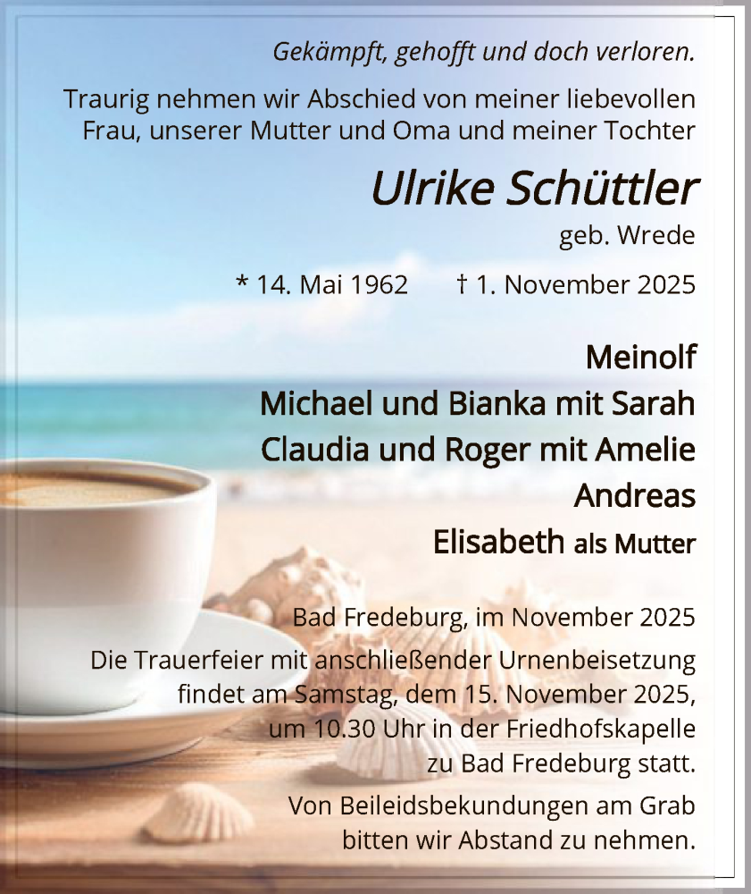  Traueranzeige für Ulrike Schüttler vom 08.11.2025 aus HASK