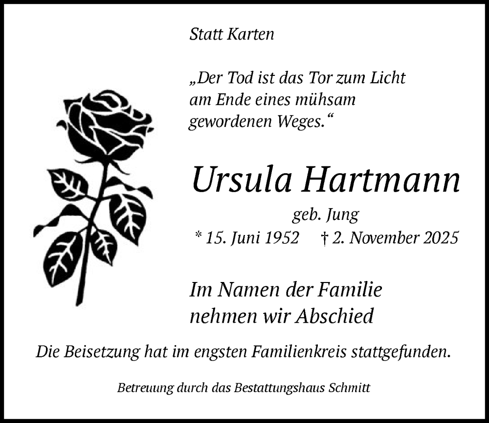  Traueranzeige für Ursula Hartmann vom 22.11.2025 aus HAWA