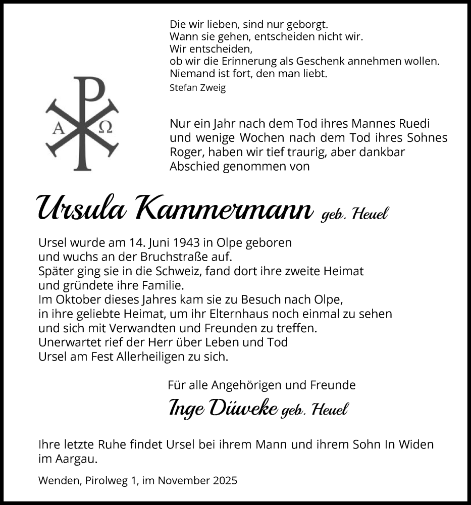 Traueranzeige für Ursula Kammermann vom 22.11.2025 aus HASK