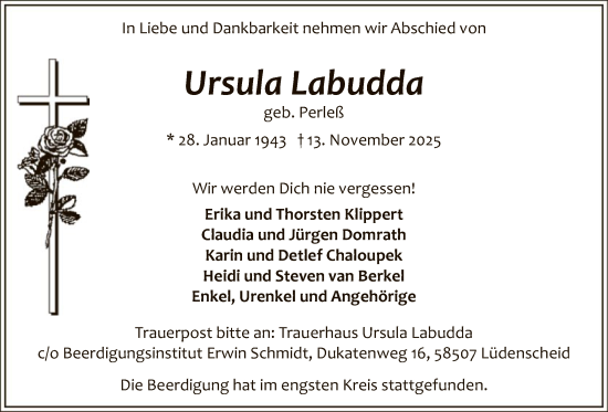 Traueranzeige von Ursula Labudda von HALN