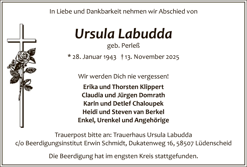  Traueranzeige für Ursula Labudda vom 22.11.2025 aus HALN