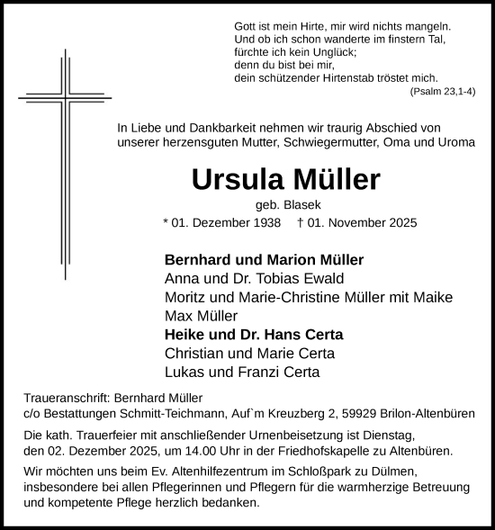 Traueranzeige von Ursula Müller von HASK