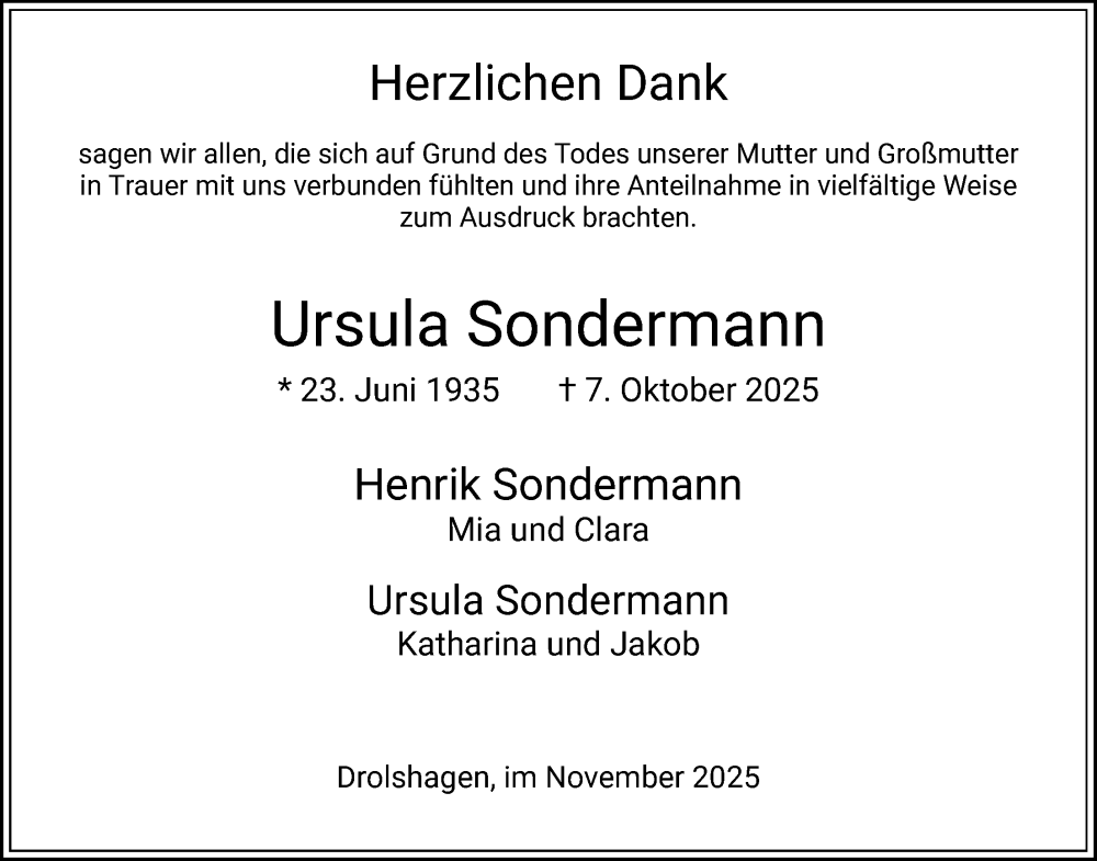  Traueranzeige für Ursula Sondermann vom 22.11.2025 aus HASK