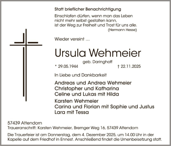 Traueranzeige von Ursula Wehmeier von HASK